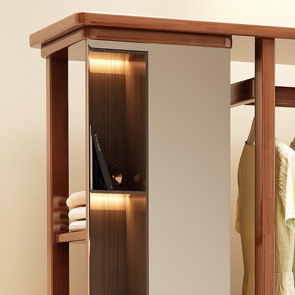 Perchero Colgador de Ropa Madera Maciza, Espejo tocador, Suelo Dormitorio, Giratorio, Multifuncional, con cajón, Perchero, Zapatero(Walnut)