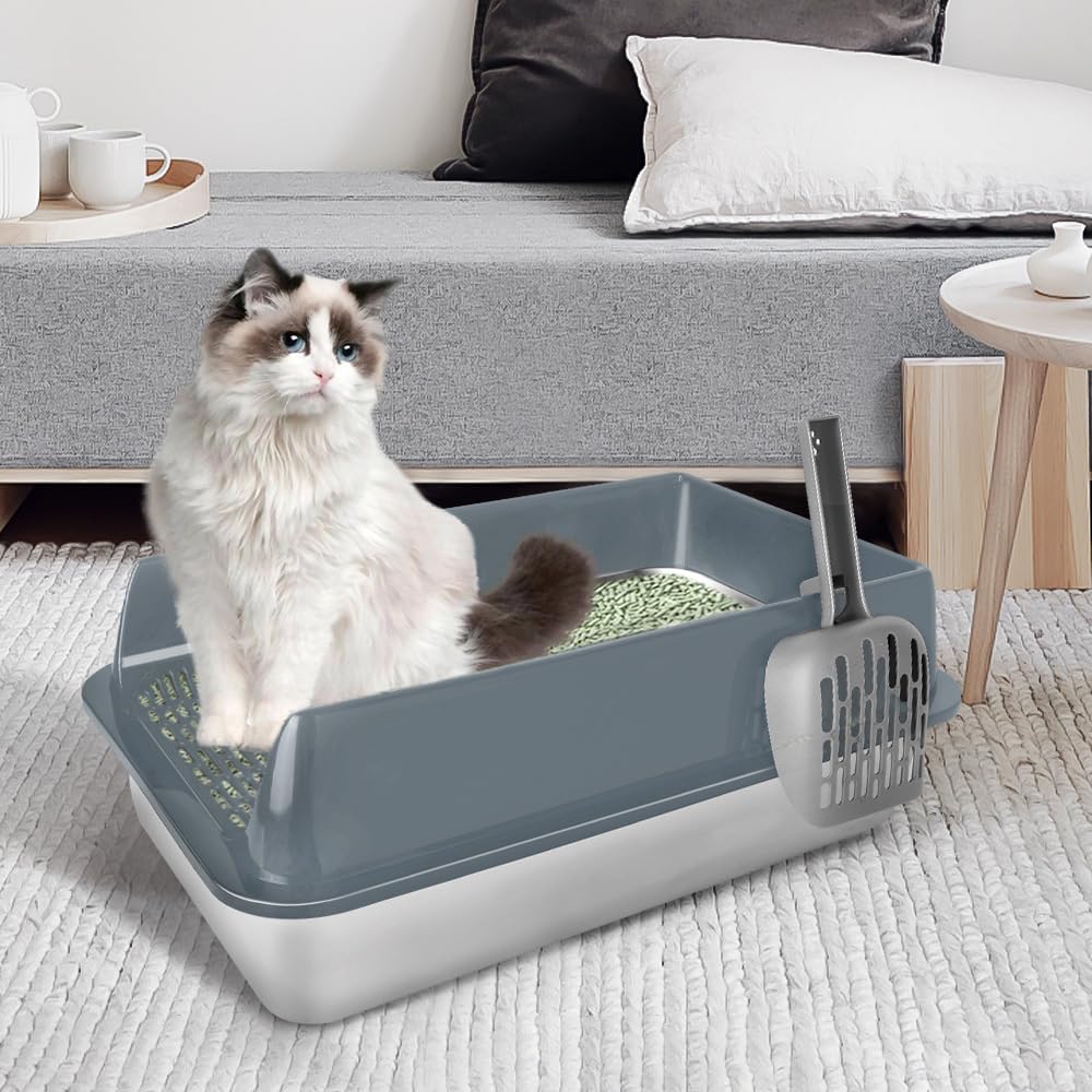 Maison de Toilette pour Chat,Bac à Litiere Haute en Acier Inoxydable, Bac Litiere pour Chat, Cat Litter Box, Pelle, 60 x 40 x 30 cm (Acier Inoxydable) (Gris)