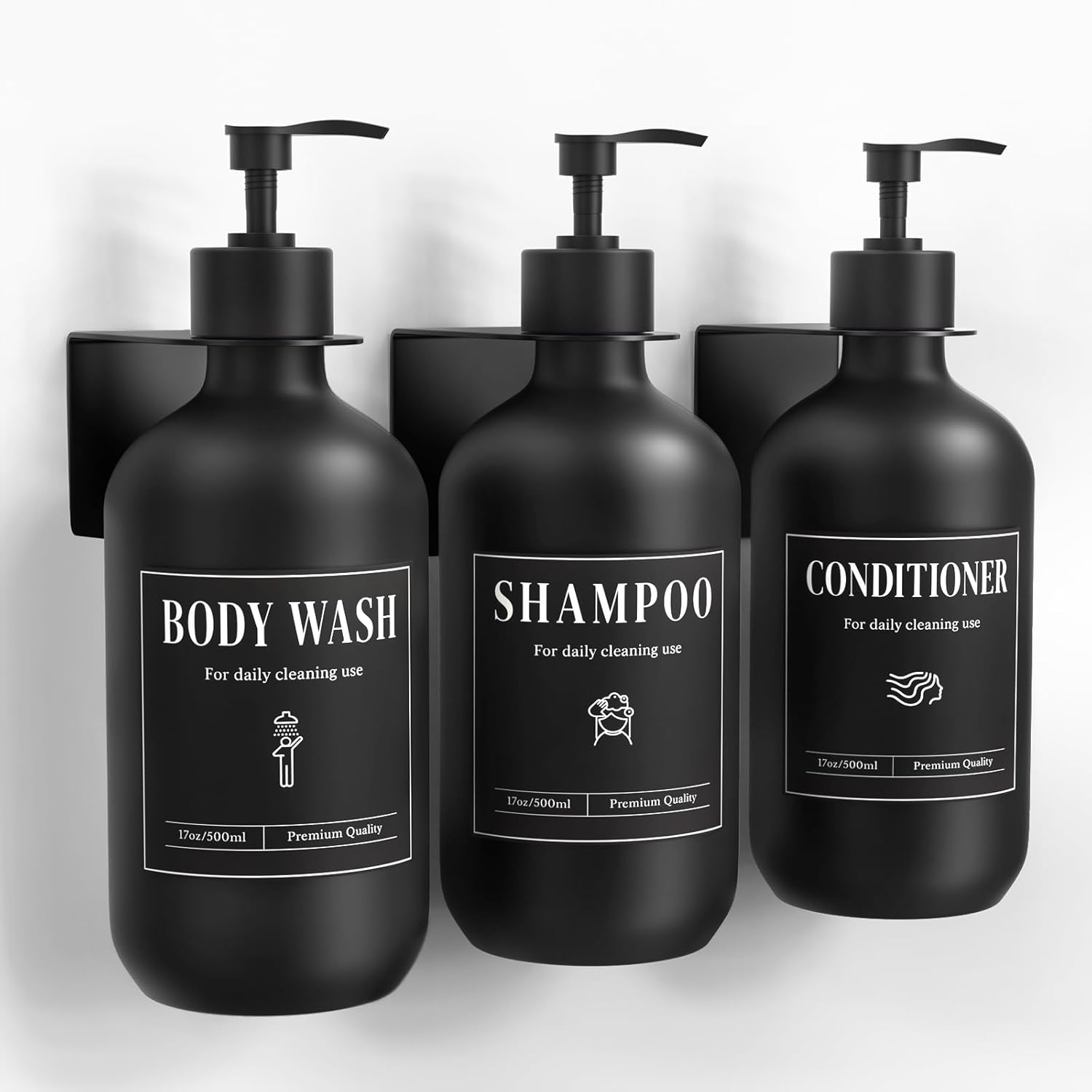 Luxspire Shampoo and Conditioner Dispenser, Shower Soap Dispenser Wall Mounted 3 Sets, 17OZ Shampoo and Conditioner Bottles for Bathroom, Shower Wall and Hotel, Black