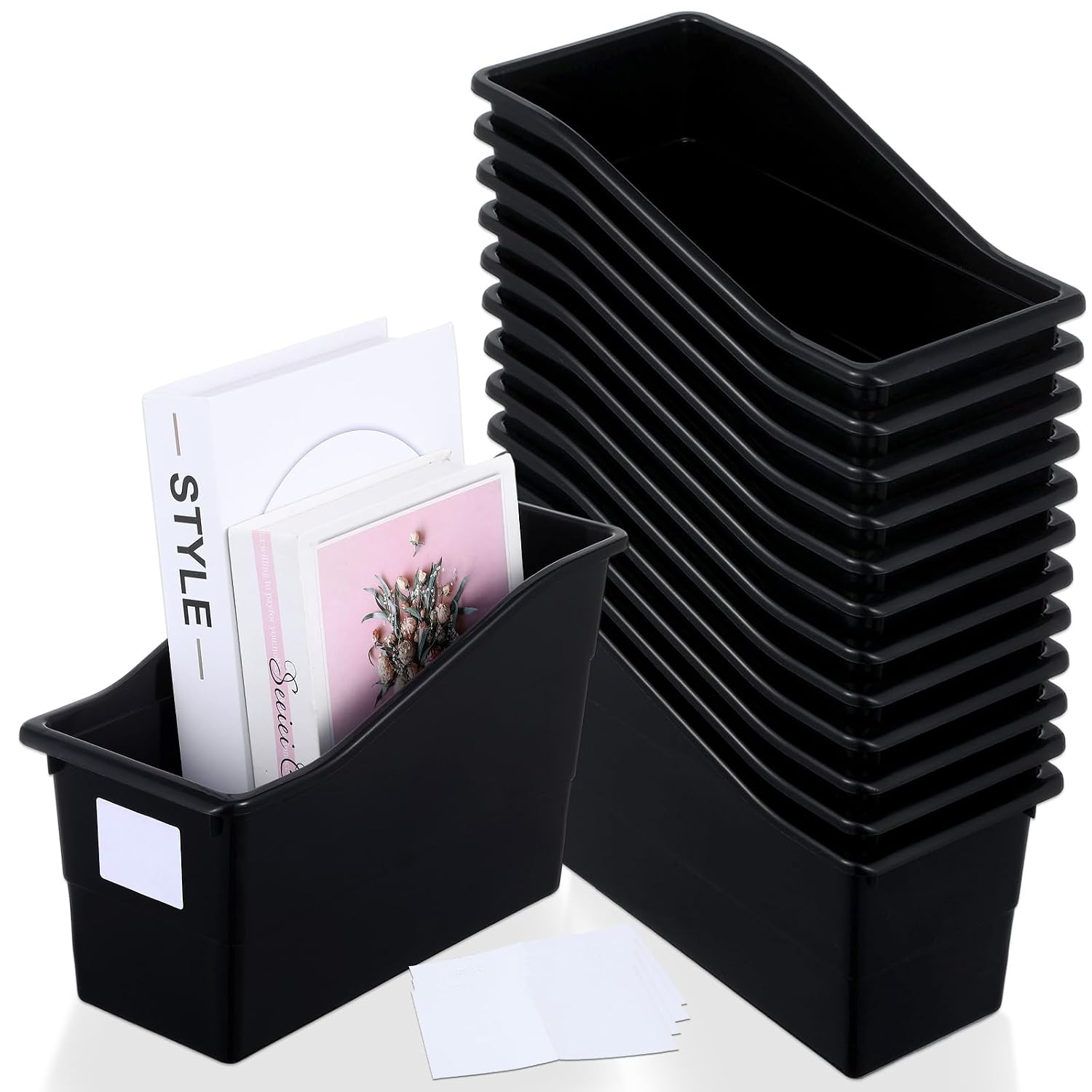 gisgfim 12 Pack Large Book Bins with Labels (Black) | Durable Plastic,Stackable Magazine Organizer,Storage Bins for Classroom,Library,Office,Bookshelf Categorization