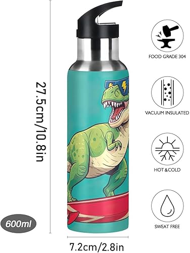 Miniatura 9 de Stainless Steel Vacuum Insulated Water Bottle 32 Oz, Leakproof Water Bottles for Gym Outdoor Travel School, Cool Green Rex Dinosaur Teal