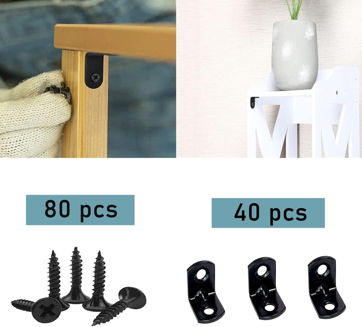 40PCS L Bracket Corner Brace Shelf Brackets 90 Degree Right Angle Bracket Black Thickening Steady Metal Corner Brackets with 80PCS Screws for Wood Cabinets Wardrobes Shelves Bookshelves Sofas Beds