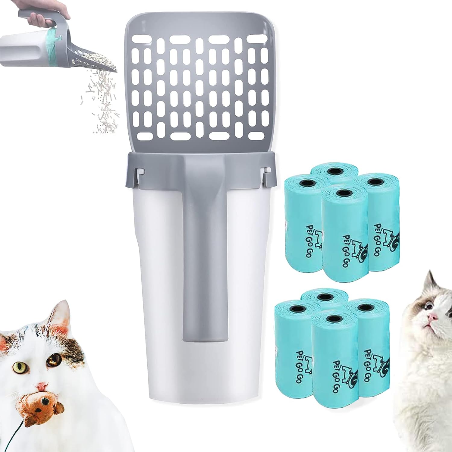 YAWMLYE Premium Cat Litter Scoop with 120 Count Refill Bags, Integrated Detachable Deep Cat Litter Shovel with Poop Sifting, Cat Litter…