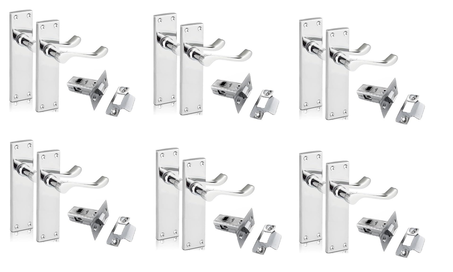 Epsom Door Handle Chrome Scroll Door Handle Set with Tubular Latches - Victorian Style Internal and External Lever Door Handles with Backplate 150mm x 42mm Sets 6