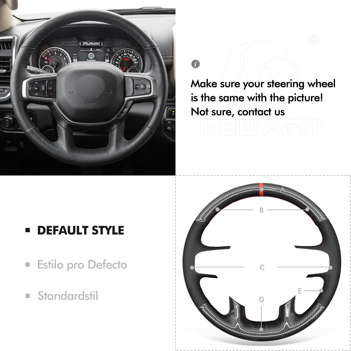 MEWANT Hand Stitch Black Suede Shiny PU Carbon Fiber Steering Wheel Cover for Dodge Ram 1500 Laramie Big Horn 2019-2021