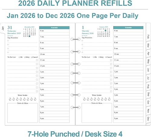 Vista 2 de 2026 Planner Refills - One Page Per Day Daily ＆ Monthly Planner, January 2026-December 2026, 7-Hole Punched，Prioritized, To-Do List, Notes