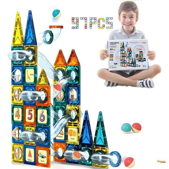 Raxoom 97-Piece Magnetic Tiles For Kids Marble Run – STEM Learning Magnetic Building Blocks Set, Gravity Marble Maze Games for Toddlers and Kids, Boys and Girls Ages 3 and Up