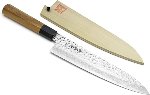 Yoshihiro VG-10 Cuchillo de chef japonés Gyuto de Damasco martillado de 46 capas (mango de ambrosía octogonal) (7 pulgadas (7.087 in)