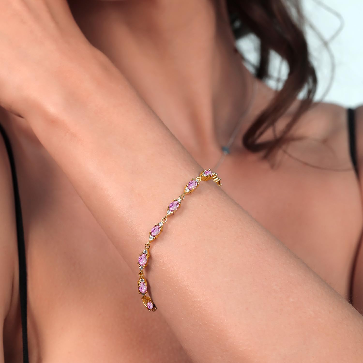 Gem Stone King 18K Yellow Gold Plated Silver Pink Sapphire and White Moissanite Tennis Bracelet For Women (8.11 Cttw, Gemstone Birthstone, Oval 6X4MM, 6.5, 7, 7.5 Inch) - Image 5