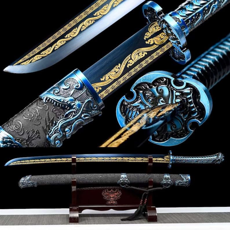 SHZBZB Blue Scabbard Roasted Blue Golden Blade Anime Samurai Sword Handmade Engraving Pattern high Manganese Steel Warrior Knife Katana Sword Gift