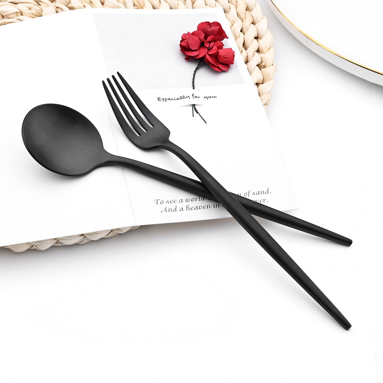 Juego de cubiertos de acero inoxidable 18/10 de 30 piezas, juego de cubiertos pesados mate, ideal para cenar en casa, pareja, restaurante, banquetes, servicio para 6 personas (color negro)