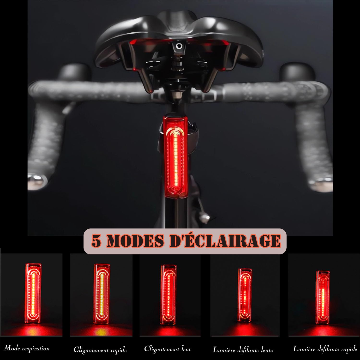 Lampe LED Vélo Arrière Rechargeable USB 120lm IPX6 5 Modes