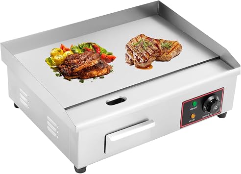 22" Commercial Electric Countertop Griddle, 1600W 110V Flat Top Grill, Non-Stick Stainless Steel Restaurant Teppanyaki Grill with Adjustable Temp Control 122-572Ffor Restaurant Kitchen