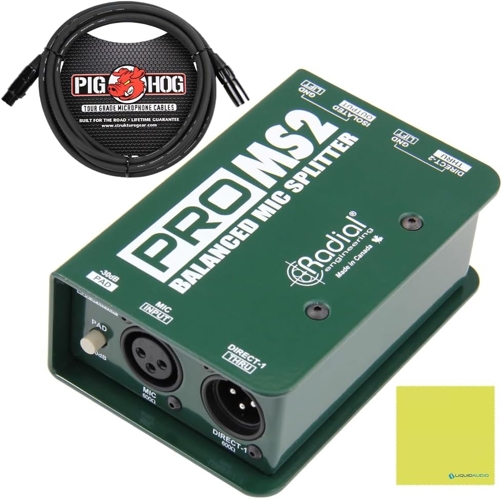 Radial Engineering ProMS2 Passive 2-way Microphone Splitter Bundle w/Pig Hog Mic Cable and Liquid Audio Polishing Cloth
