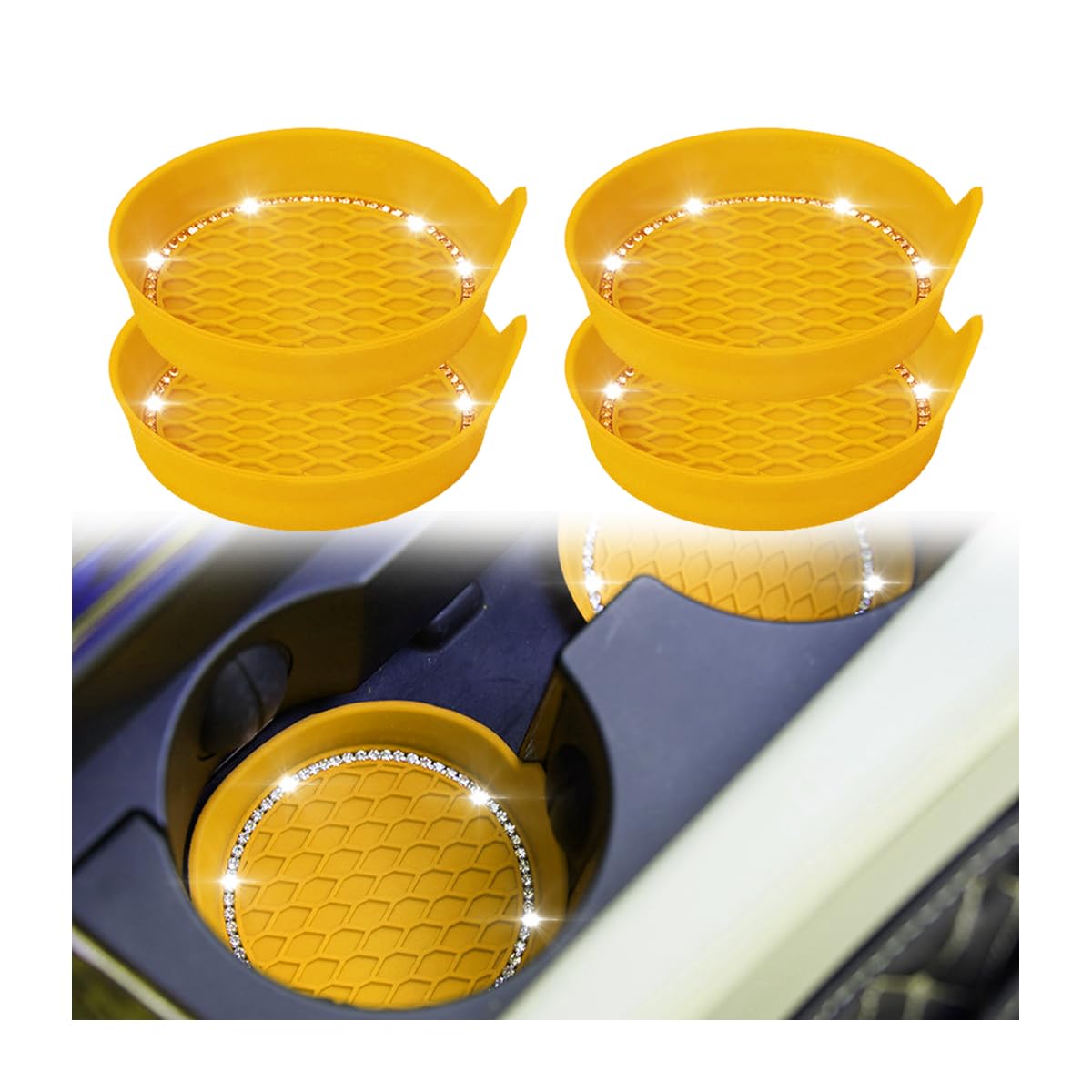 zipeloBling Car Cup Coaster, 4 Pack Universal Vehicle Anti-Slip Cup Holder Insert Coasters, Crystal Rhinestone Silicone Shockproof Drink Mat, Car Interior Accessories Gift for Women Girls (Yellow)