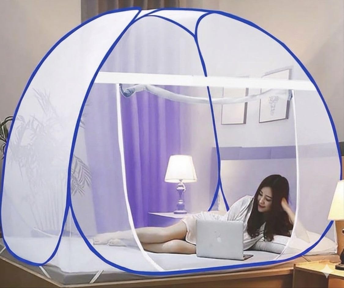 Double Bed Mosquito Net for King Size Bed - 6.5 x 6.5 Feet | Foldable Machardani with High Strength Steel Wire Mesh | Portable Hanging Canopy for Bedroom & Camping (Regular Blue)-picture-11