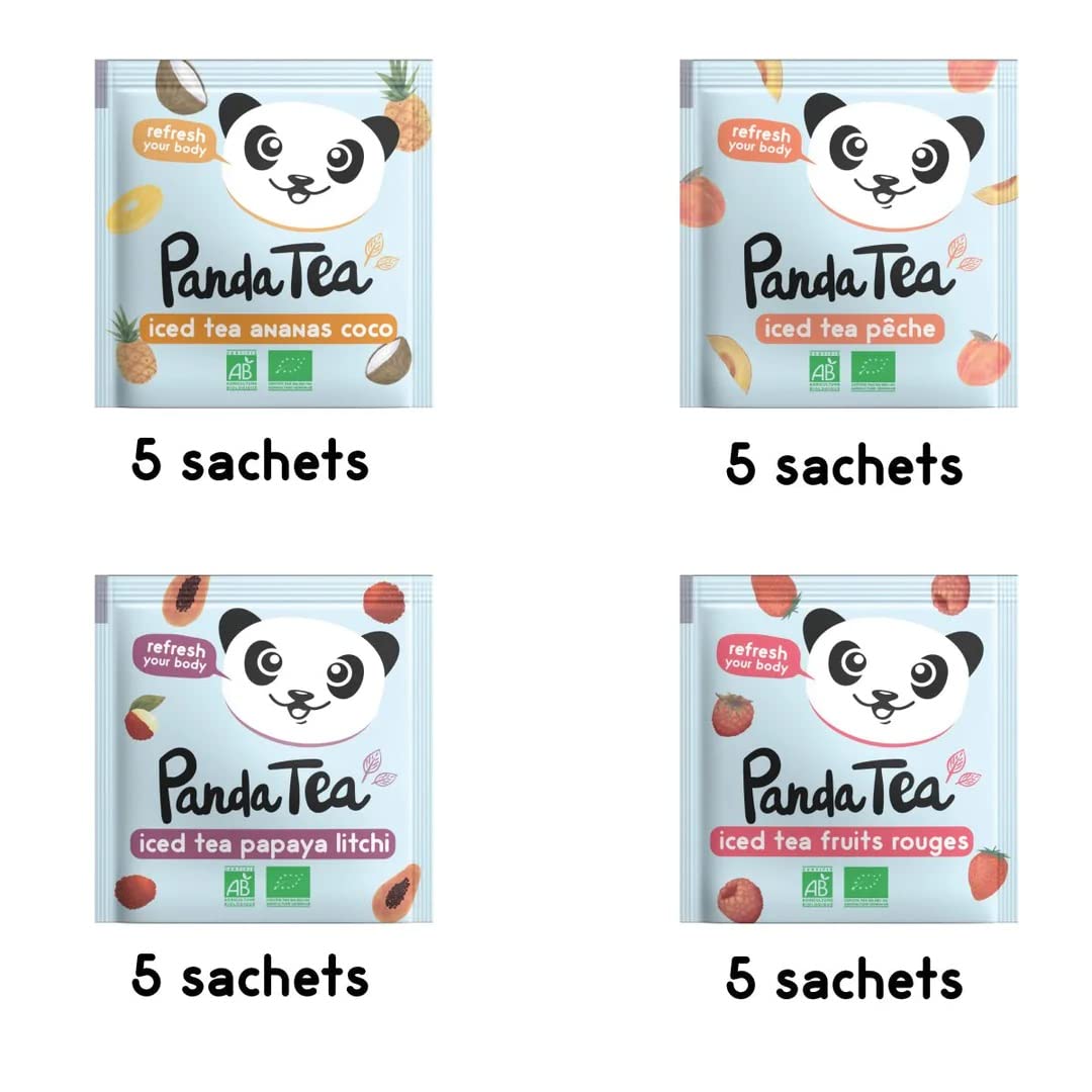 Panda Tea Coffret Sélection Thé Glacé et Infusion Glacée | 4 mélanges réunies dans 1 coffret | 20 sachets | Assortiment Découverte | Idée cadeau Fête des Grand-Mères et Mères | Detox et Hydratation