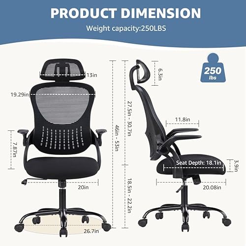 Miniatura 3 de Silla de oficina, sillones de escritorio ergonómicos con soporte lumbar ajustable y reposabrazos abatibles, silla de trabajo de malla con respaldo