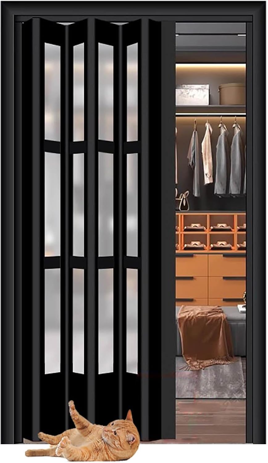 Folding Accordion Interior Door - 80cm Height, Retractable Over-Door Design with Acrylic Glass - Multi-Fold Sliding Door, Easy Installation Hardware Included, 27in Width