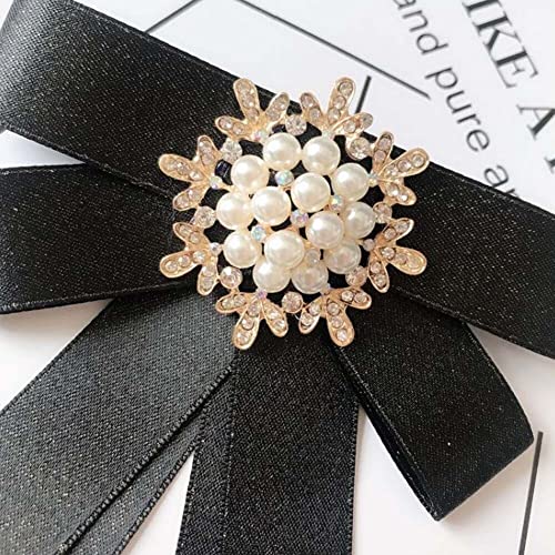 Image of Women Elegant Pearl Ribbon Bow tie Brooches Pin Jewelry Pre-Tied Collar Neck Tie Clip for Lady Girls Wedding Party