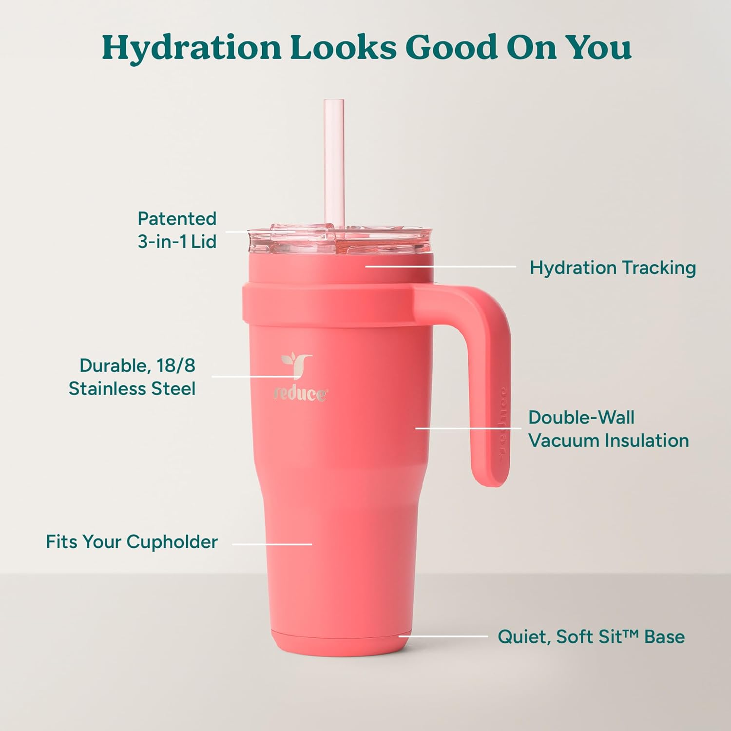 REDUCE 24 oz Stainless Steel Tumbler with Handle - Dual-Wall Vacuum Insulated Travel Mug, Sweat-Proof Lid & Reusable Straw - Keeps Drinks Cold for 24 Hrs, Fits Cupholders, Dishwasher Safe - Daiquiri - Image 4