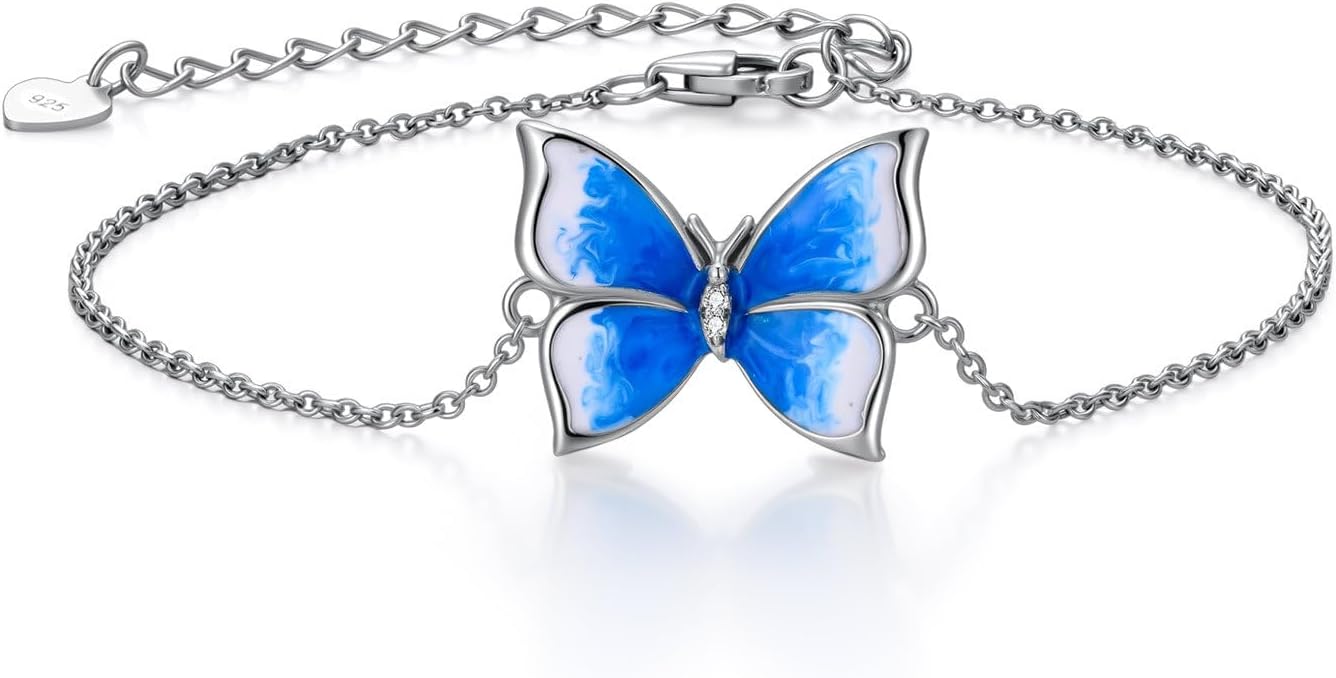 Diamond Butterfly Bracelet for Women 925 Sterling Silver Blue Butterfly Bracelets with Adjustable Dainty Chain Fashion Elegant Jewelry Gifts for Wife Girlfriend Her