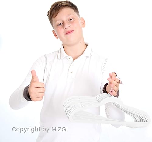 Miniatura 5 de MIZGI Perchas de terciopelo prémium para niños (paquete de 50) de 14 pulgadas de ancho con ganchos de cobre oro rosa, ahorro de espacio, perchas