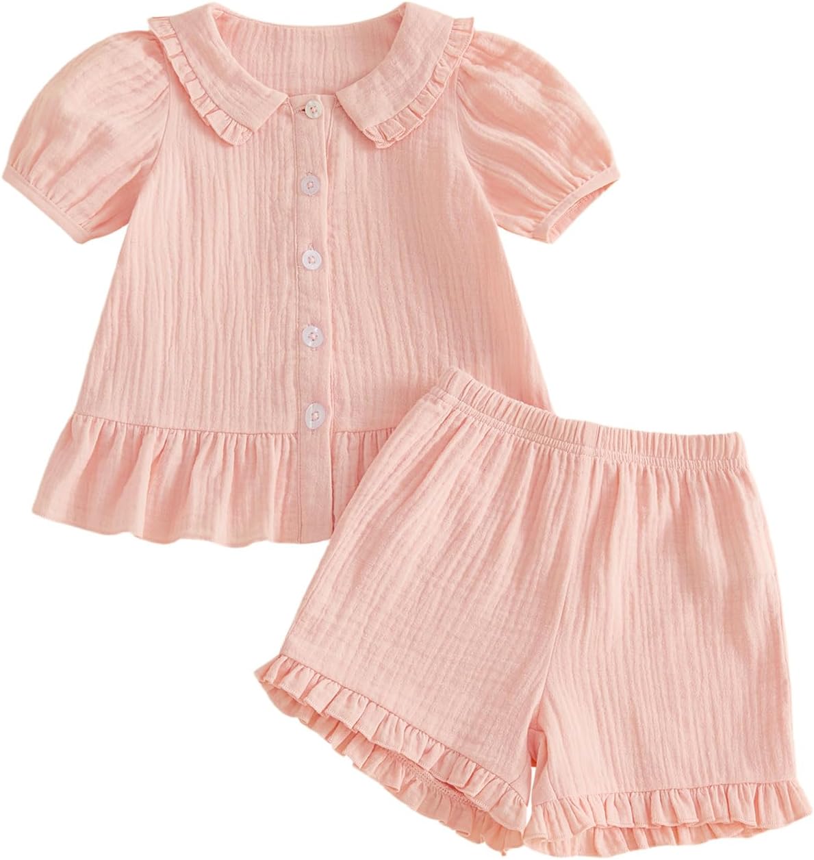 Baby Girl Button Down A-line Shirt Tops + Ruffled Shorts 2Pieces Clothes Set Cotton Gauze Solid Toddler Summer Outfit