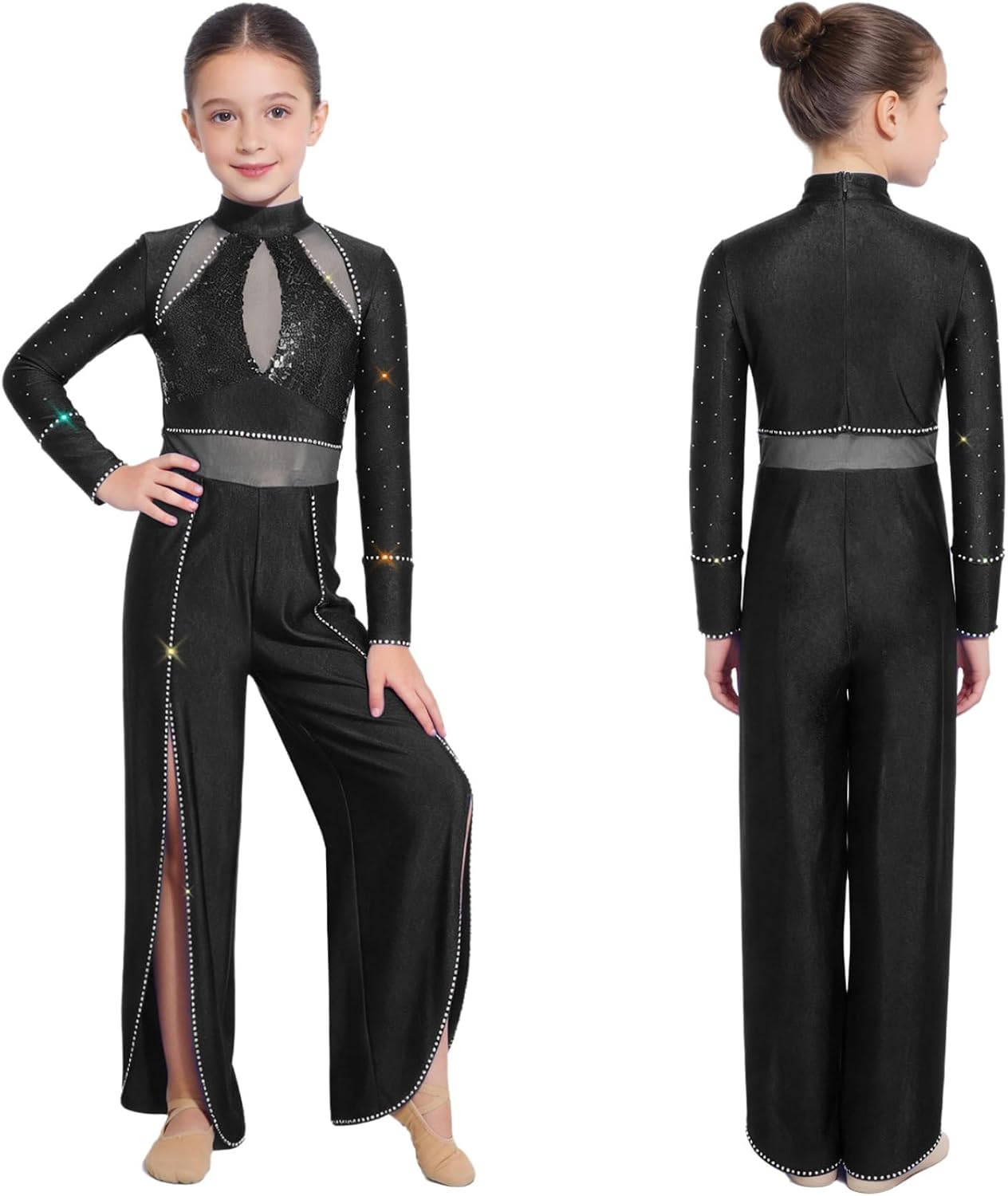 JEYPINMI Children Girls Wide Leg Jumpsuit Gymnastic Bodysuit Lyrical Ballet Dance Leotard Wedding Party Romper Pants