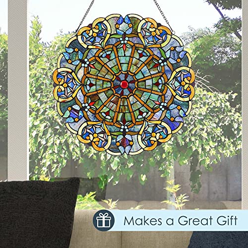 River Of Goods 22" H Window Panel - Round Stained Glass - Medallion Hearts - Hanging Large Suncatcher, Blue #TOP4