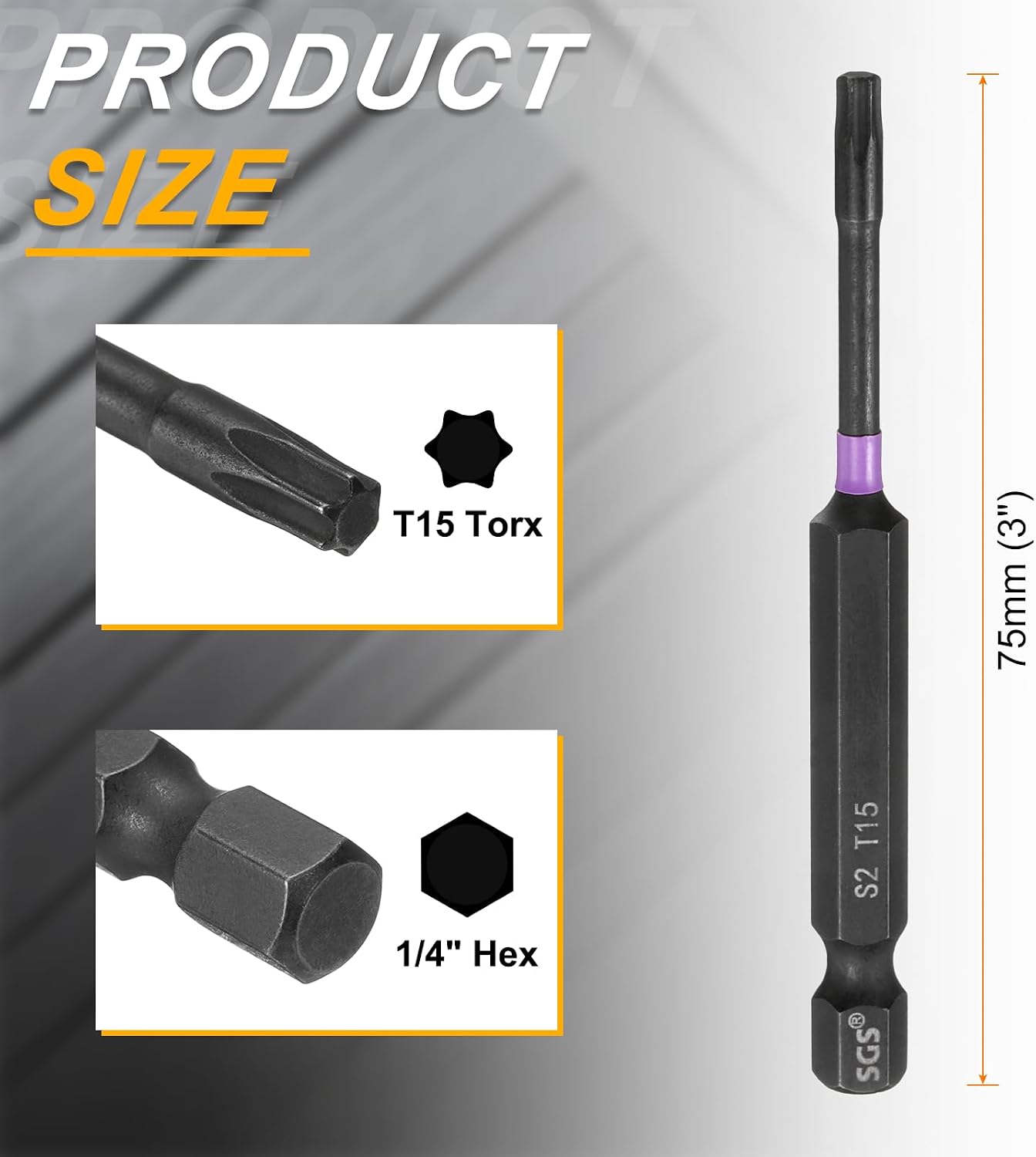 HARFINGTON 5pcs T15 Torx Head Impact Screwdriver Bits 1/4" Hex Shank 3" (75mm) Long Magnetic No Hole Tamper Proof 6 Point Star Screw Driver Drill Bits Phosphate S2 Steel Power Tools