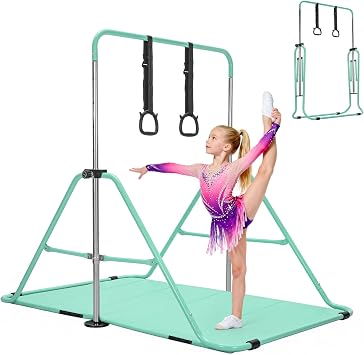 Foldable Kids Gymnastics Bar Set with Mat & Rings, 4-Level Adjustable Height 89-129cm, Stable Triangular Frame, Home Gym Gear for Boys & Girls 3-12