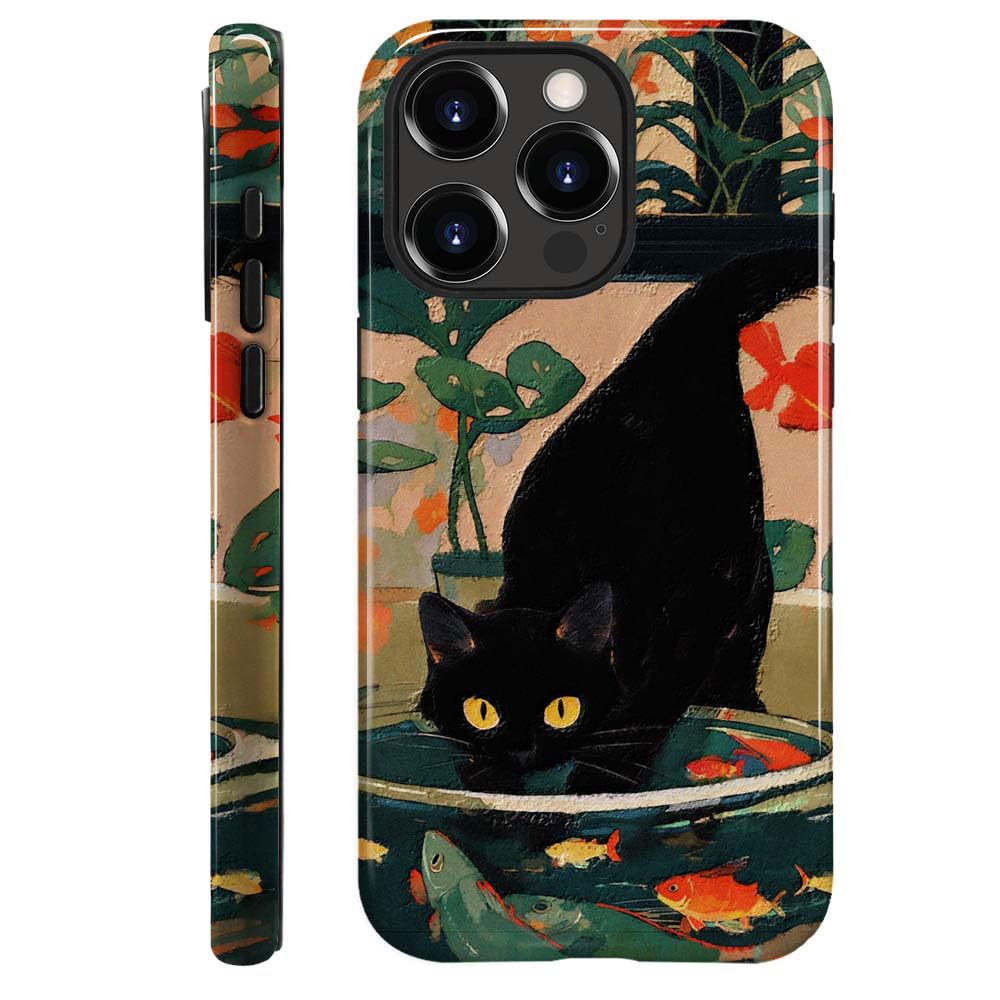 NONMY Compatible with iPhone 14 Pro Max Case,Hybrid 2-Layer Hard Shell Silicone Protective Case - Black Cat Goldfish Flower - Scratch Resistant