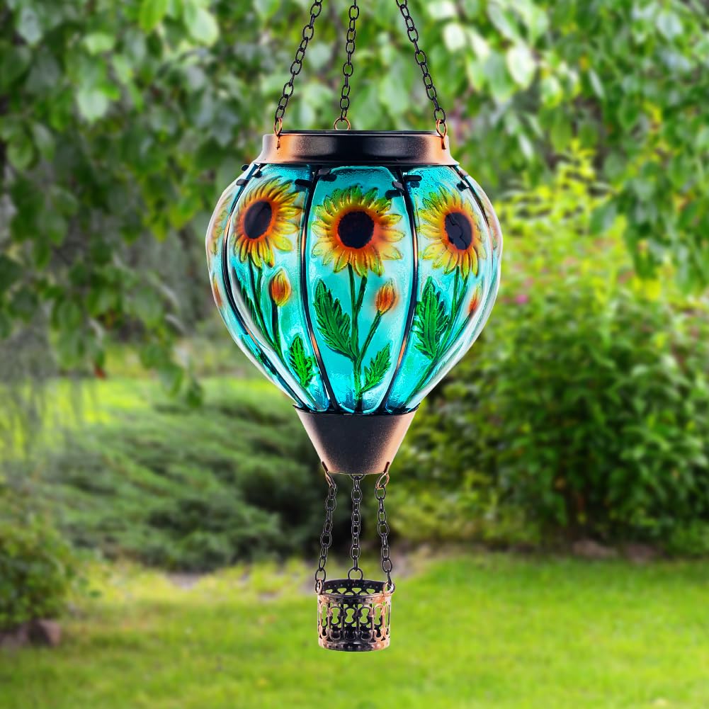 Starsoul 2 pz girasoli mongolfiera lanterna solare con fiamma vetro appeso all'aperto mongolfiera luce solare impermeabile giardino patio cortile decorazioni per feste