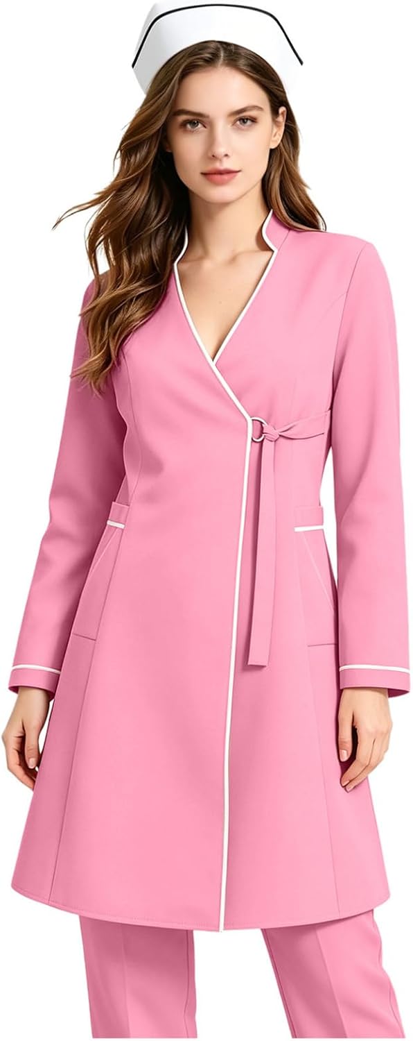 YiZYiF Women Nursing Scrub Shirt Loose Fit with Pockets Nurse Dress Uniform V Neck Long Sleeve Grooming Smock