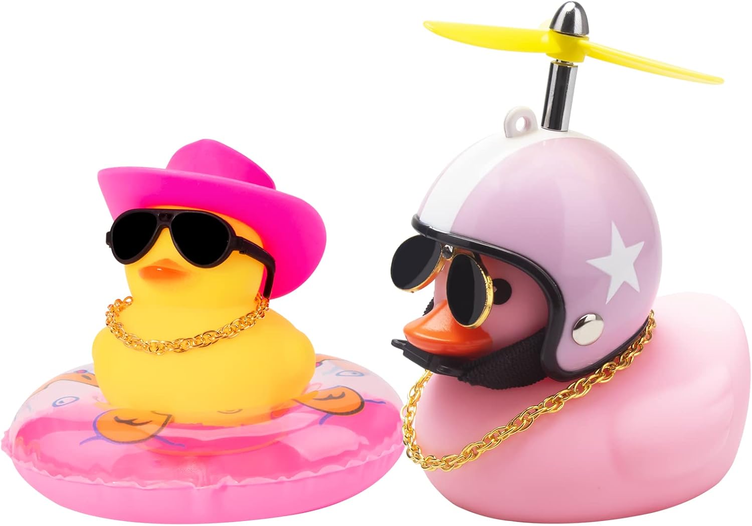 wonuu Car Rubber Duck 2Pcs of Car Ornament for Car Dashboard Decoration Accessories with Propeller Helmet Mini Sun Hat Swim Ring Necklace and Sunglasses (Cowboy Hat&Pink Hat White Star)