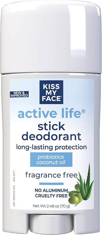 Desodorante em bastão Kiss My Face Active Life sem fragrância, sem alumínio, com óleo de coco e probióticos, 70 g