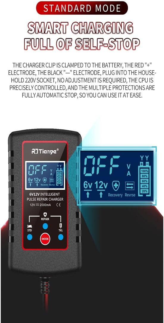 Charger display showing 'OFF' indicating full charge and self-stop function.