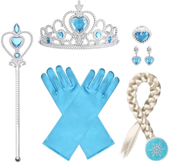 URAQT Elsa Dress Up Accessories Set, Include Elsa Crown Tiara, Fairy Wand, Gloves, Wig, and Earring, Elsa Princess Dress Up for Girls Party, Cosplay