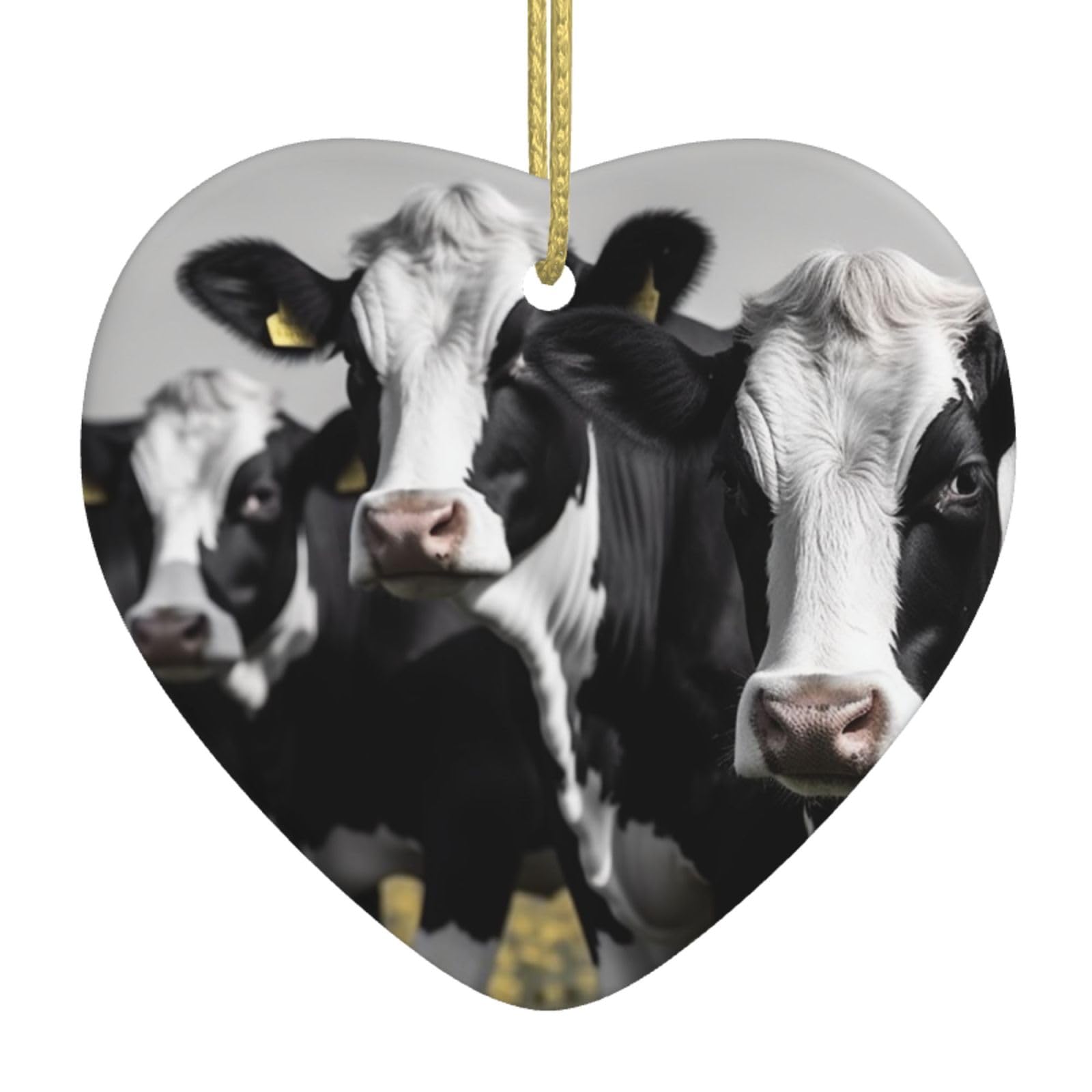 Ceramic Christmas Tree Hanging Ornaments with Gold Ropes Christmas Tree Decorations Heart Ceramic Black White Cows Pendant Keepsake Decorations for Holiday Xmas Gift Ideas