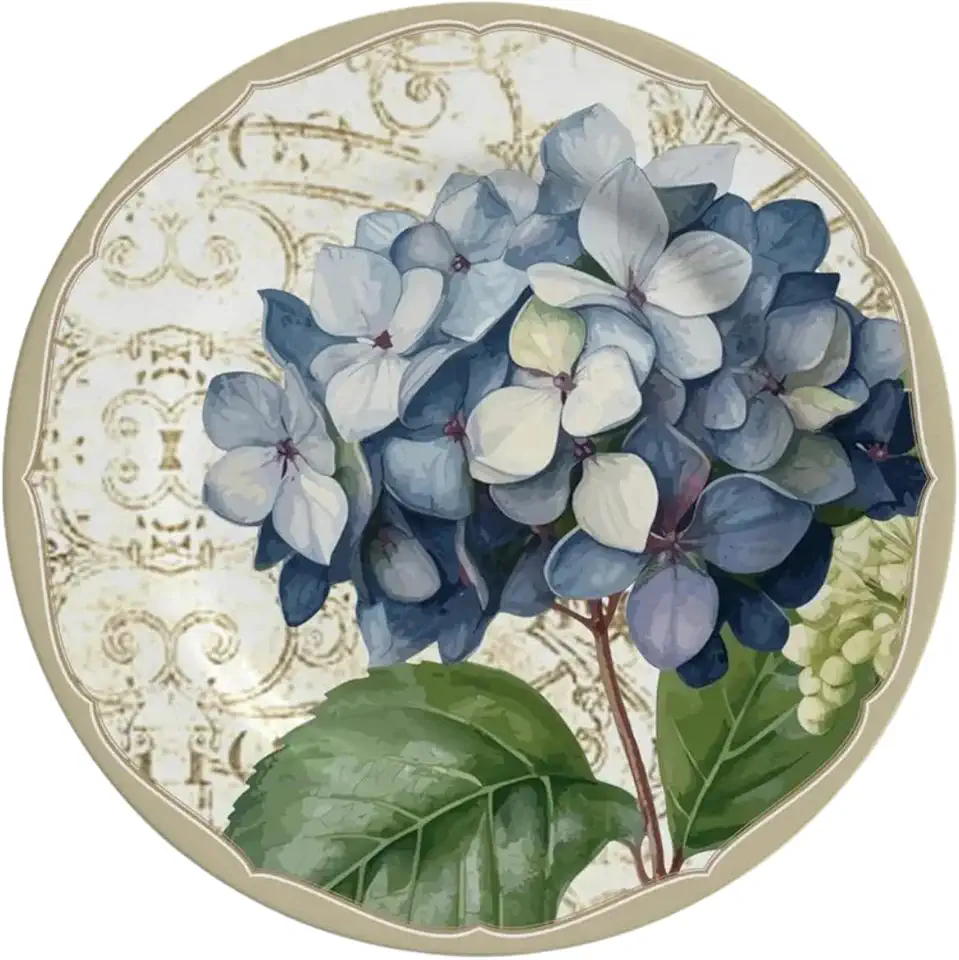 Prato de Parede Decorativo Cerâmica Flor Floral Hortênsia com Suporte Diâmetro 20cm