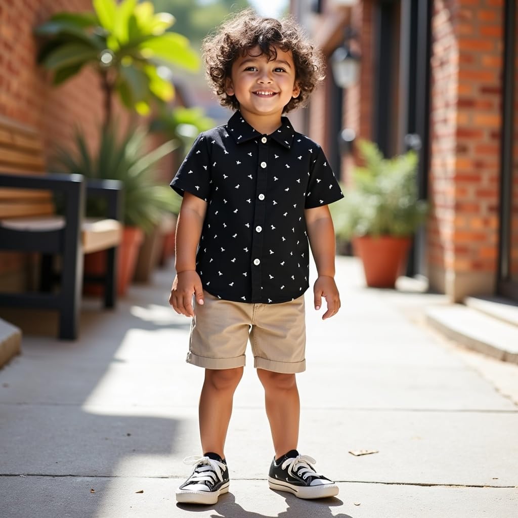 kidgarb Toddler Summer Outfit Set, Blue Gingham Shirt with Khaki Shorts, Casual Beach Wear 3