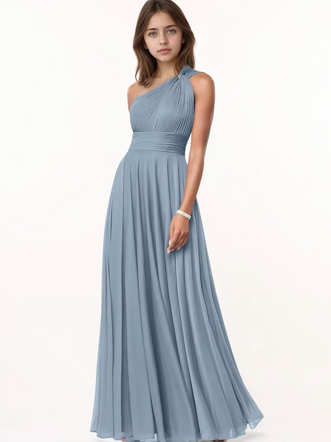 Chiffon Junior Bridesmaid Dresses for Wedding Girls One Shoulder Flower Girl Dress Long Ruffle Princess Pageant Gowns