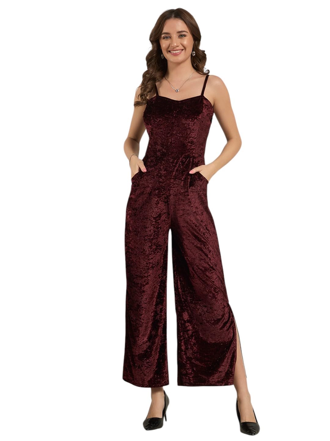 Wide Leg Party Jumpsuit for Women with Side Pockets | Elegant Crushed Velvet One Piece with Adjustable Straps & Back Zip Closure | Cocktail Birthday Date Night Evening Outfit-image-18