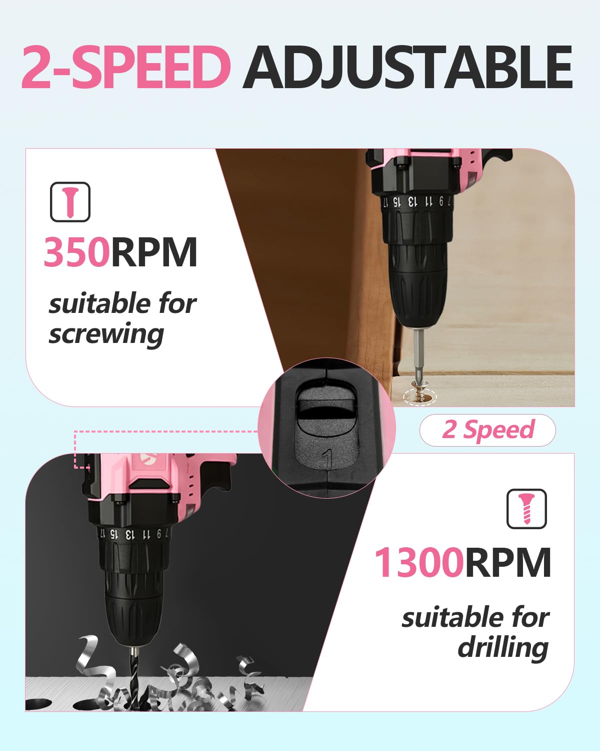 Set Trapano Senza Fili Rosa Da 20V – 25+1 Coppie, 2 Velocità, Batteria 2.0Ah, 60 Accessori, Per Fai Da Te E Pulizie Domestiche