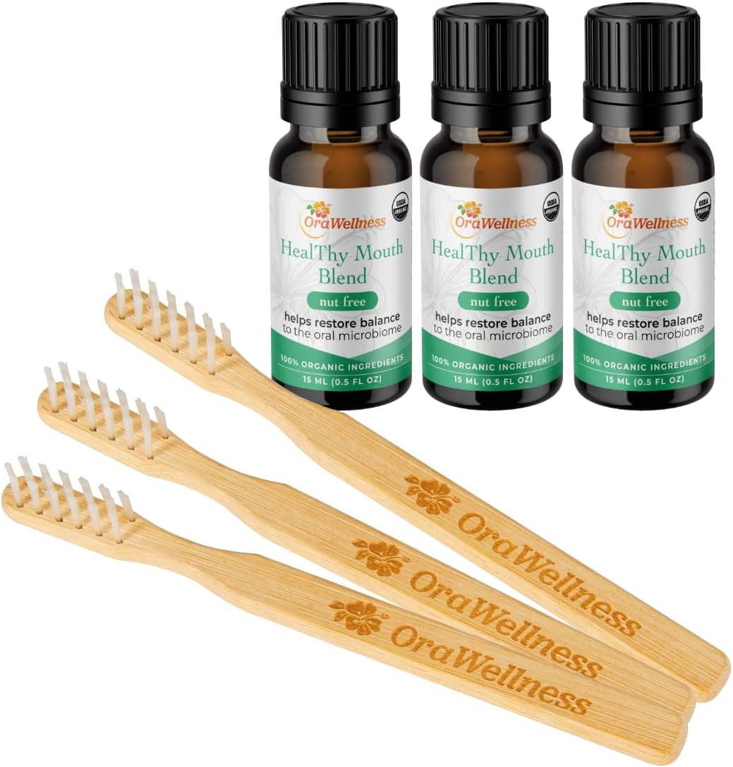 OraWellness Nut Free Healthy Mouth Blend Organic Toothpaste Alternative, 3 Pack + BrushEco Bamboo Toothbrush with 3 Rows, 3 Pack, to Reduce Gum Disease, Promote Healthy Teeth and Gums