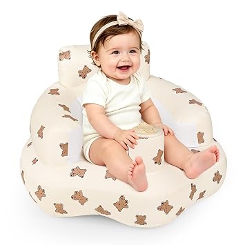 Inflatable Baby Seat for Babies 3-24 Months, Blow Up Baby Floor Seat in Air Pump, Inflatable Sit Me Up Seat for Baby Girls & Boys, Brown Bear