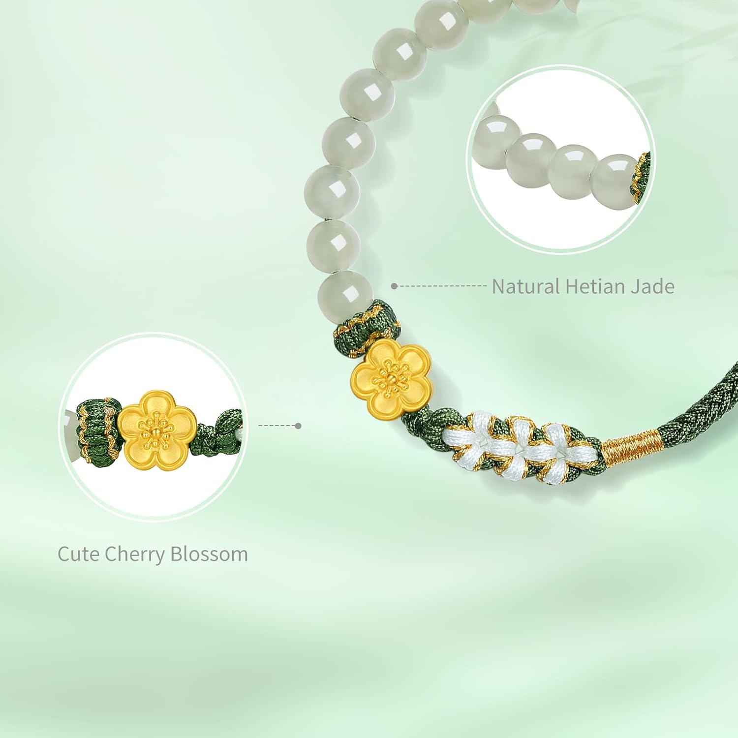 24K Solid Gold Flower Bracelet Real Gold Floral Charm Green Jade Natural Gemstone Beads Braided Bracelet Dainty Jewelry for Women Daughter Girlfriends Birthday 6.3-8.7"(16+6cm) Y1714377 - Image 3
