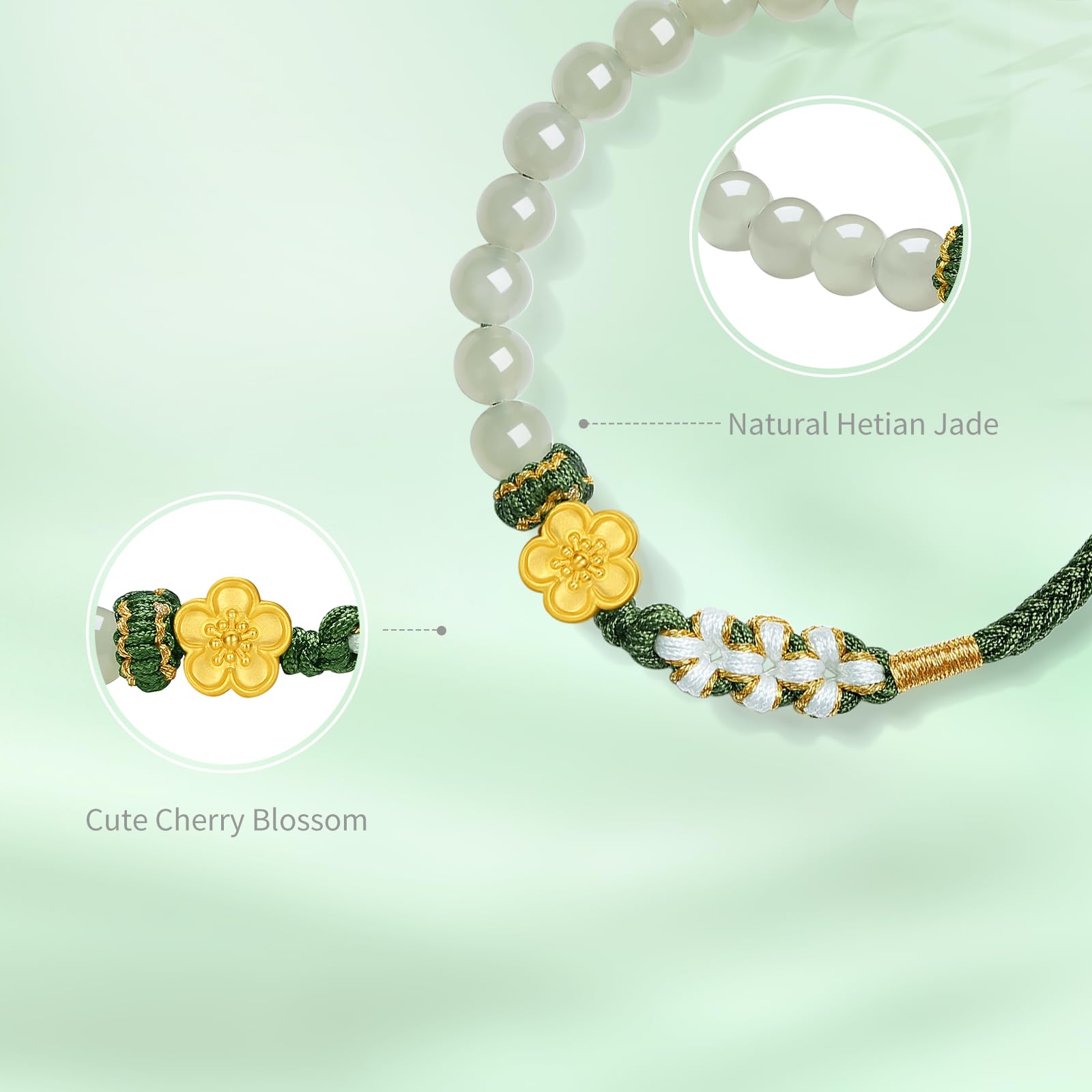 ZHOU LIU FU 24K Gold Armband Blumen Charm Armbänder Jade Perlenarmband 22cm