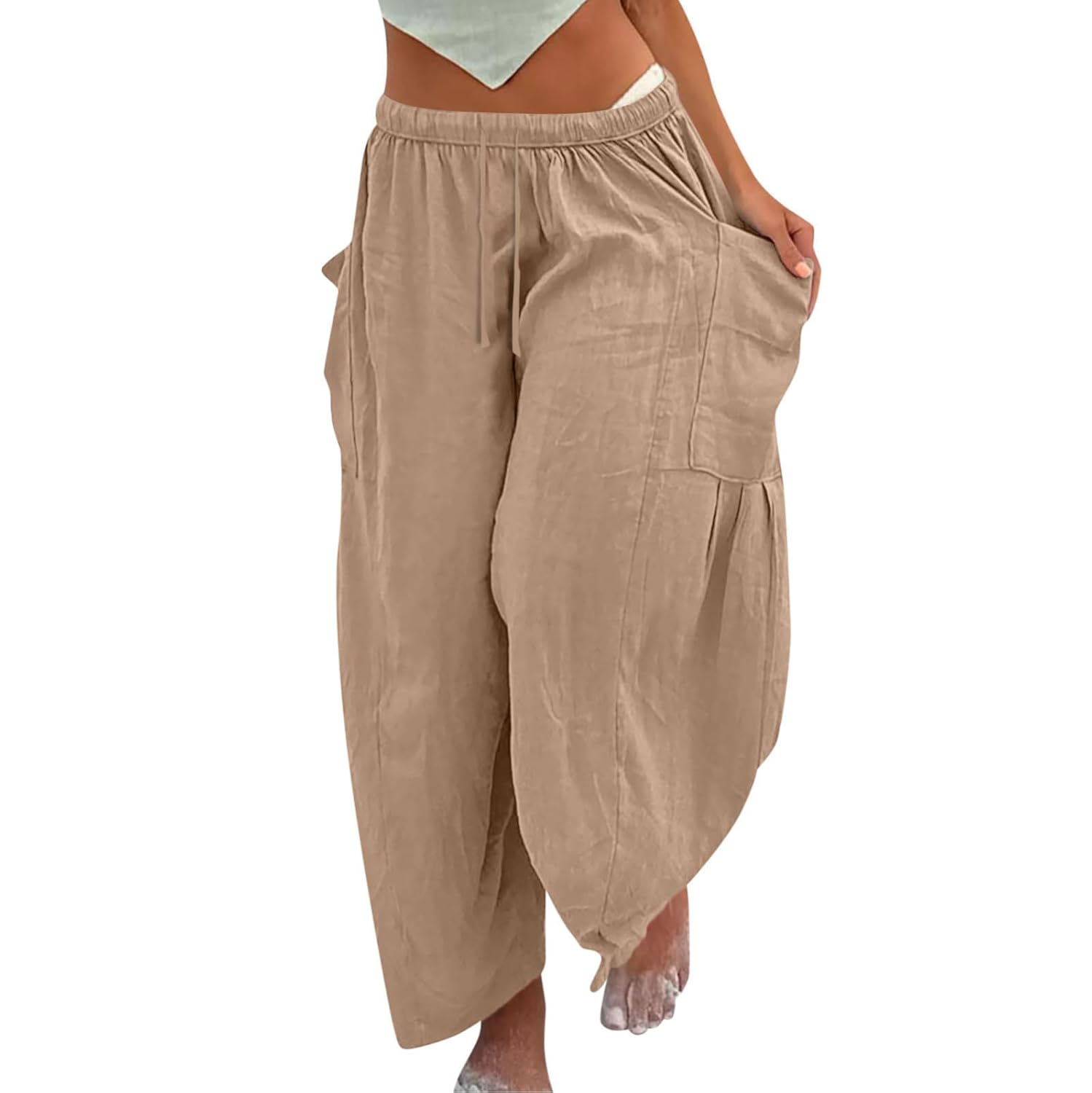Cotton Linen Pants Women - Patchwork Baggy Pants Drawstring Casual Elastic Waist Wide Leg Pants Beach Pants with